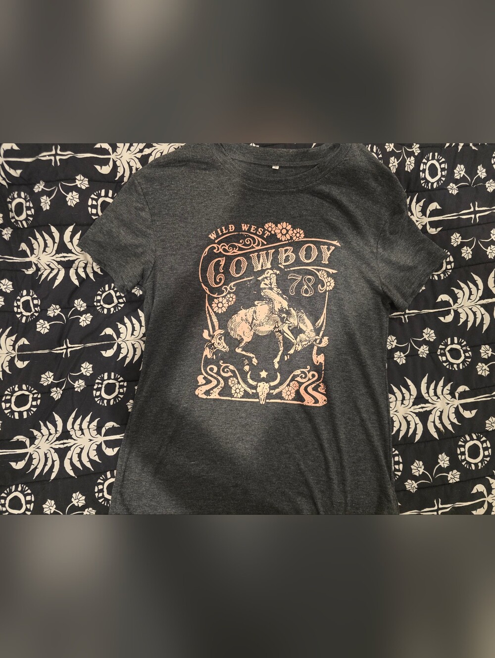 Womens Wild West 'Cowboy 78' Graphic Tee - Dark Heather Gray with Pink Print